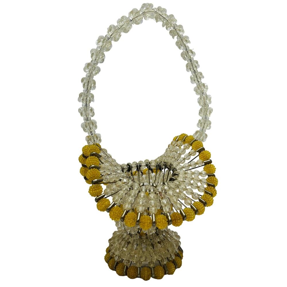 Vintage Handmade Beaded Safety Pin Basket Mid Century Yellow Silver 12" tall